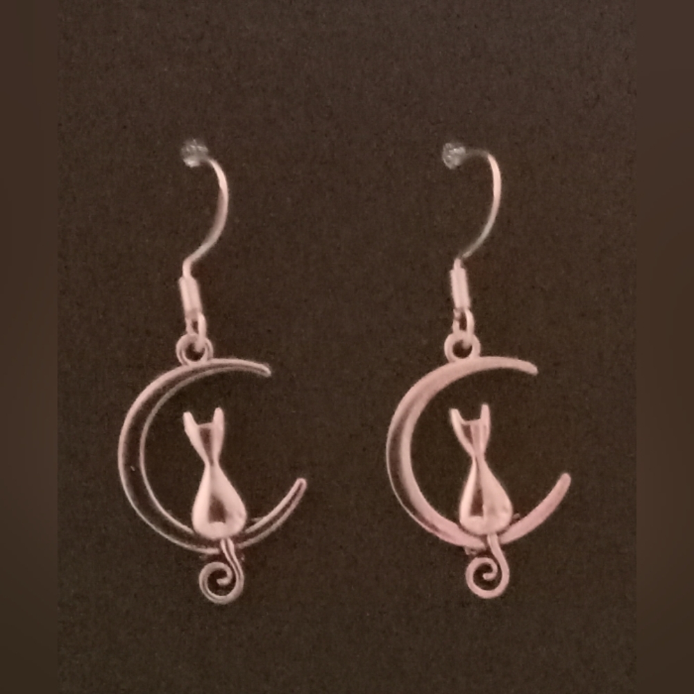 Silver Cat Moon Earrings